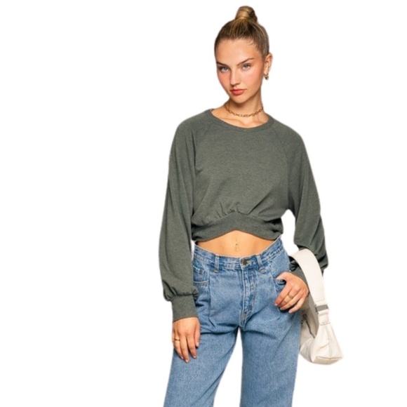 Olive Long Sleeve Cropped Pullover - Picture 2 of 6